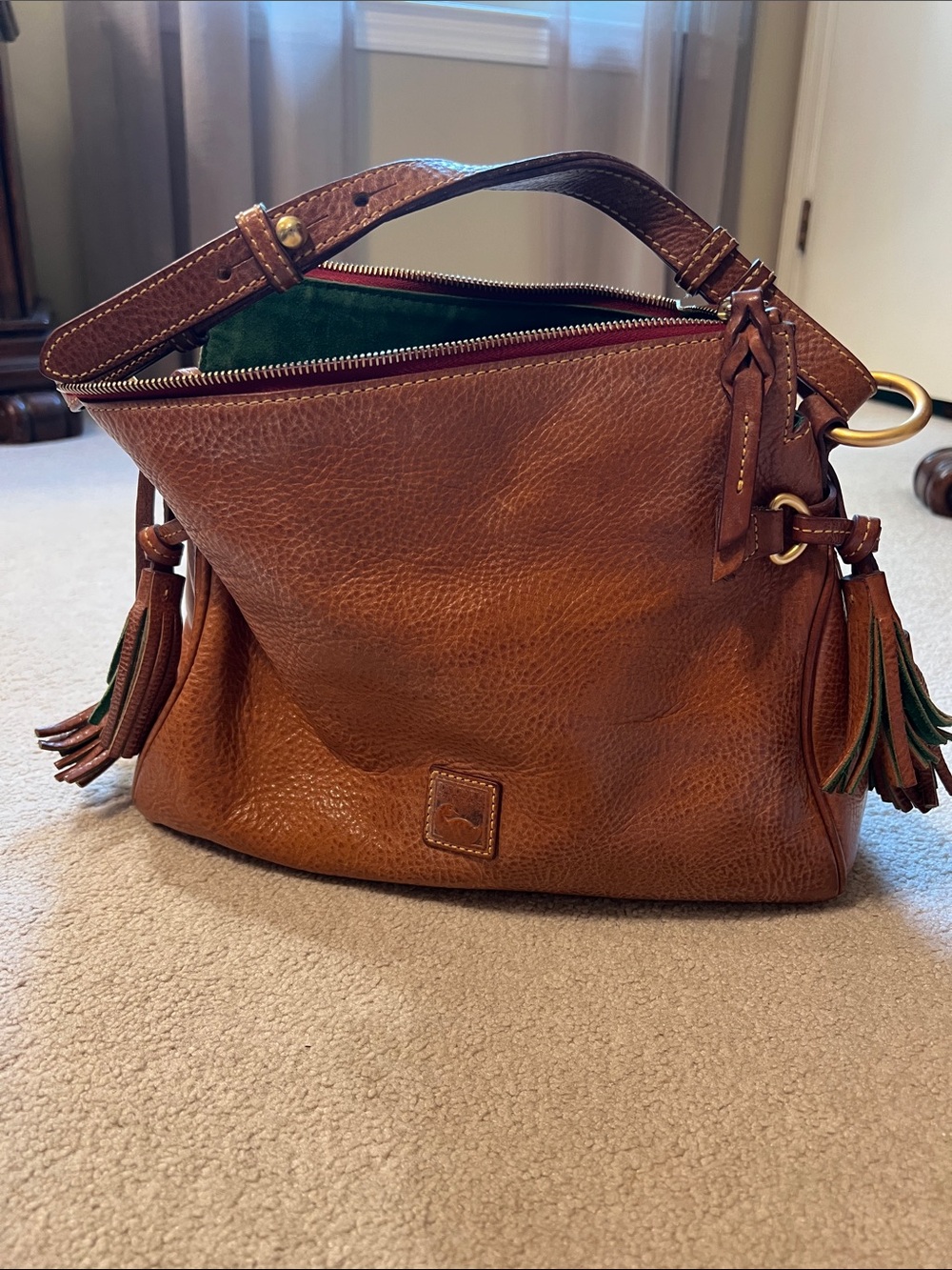 Dooney & Bourke Brown Leather Shoulder Bag with Green Lining